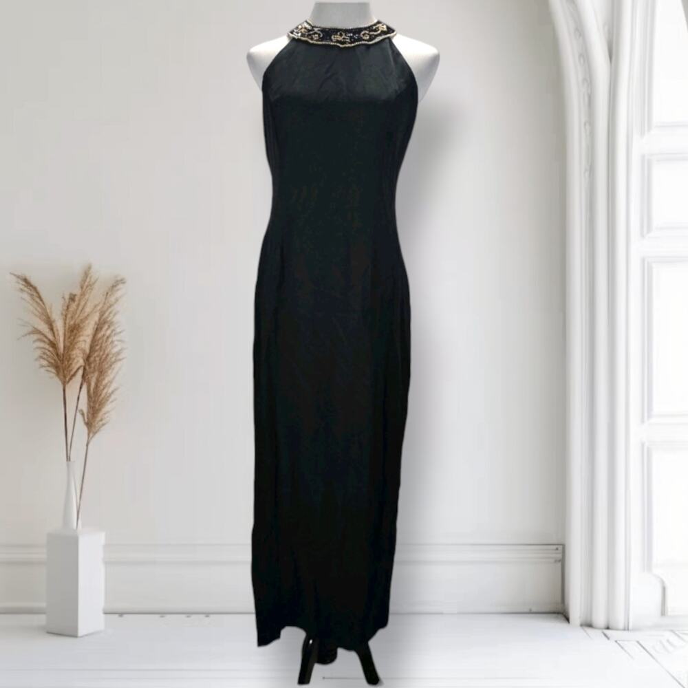 Vintage 90s De Laru Black Beaded Halter Gown Dress Size 10 Side Slit Formal USA